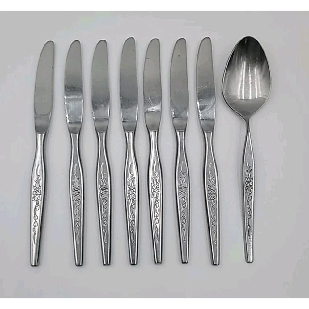 8pc WOODCREST Northland Oneida Wood Crest Stainless Flatware Japan Spoon Knives